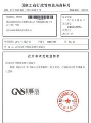 商標受理通知書